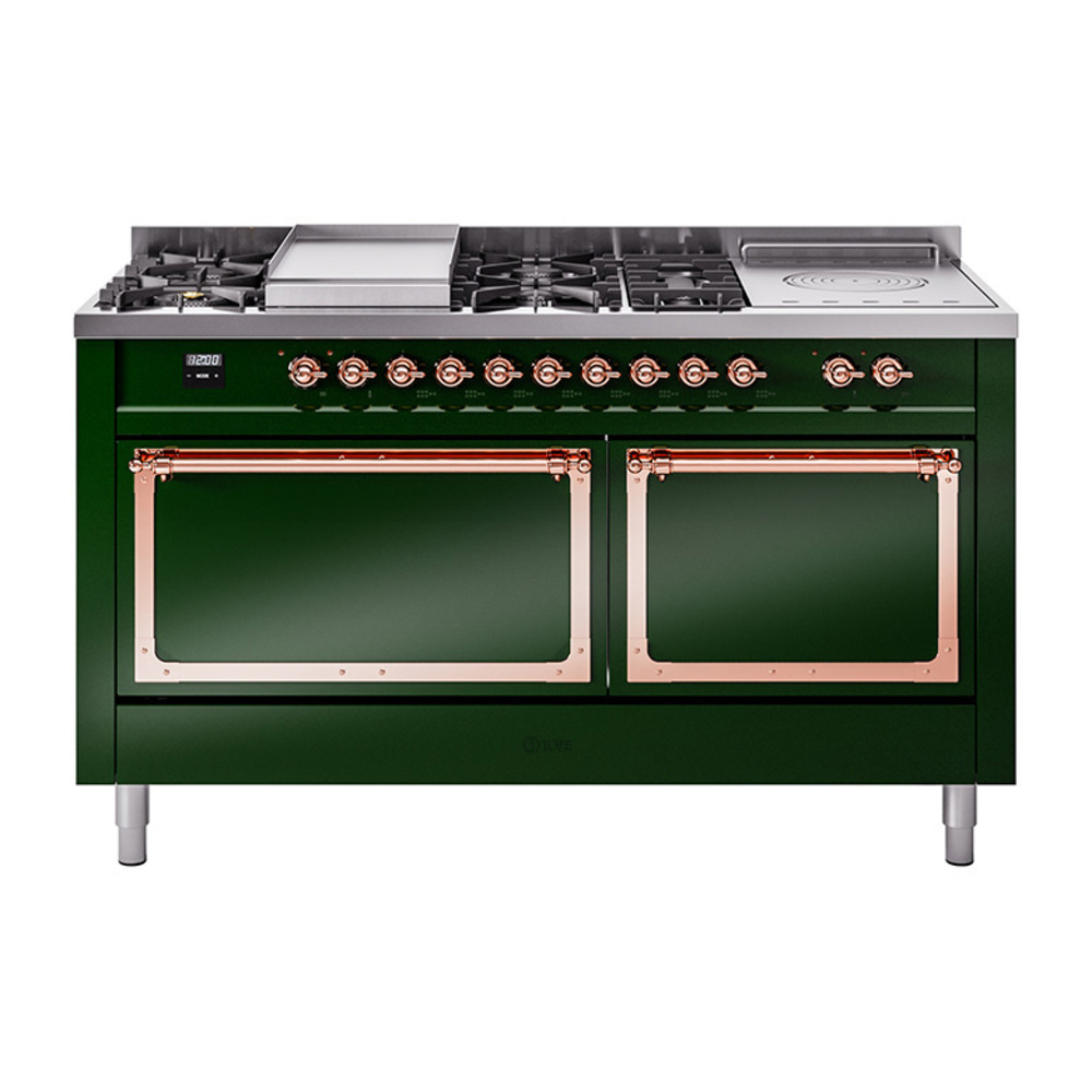 ILVE UN60FSQNMPEGPLP Nostalgie II Noblesse 60" Dual Fuel Range      (7 Sealed Burners + Griddle + French Top, Liquid Propane, Solid Door, Emerald Green, Copper)