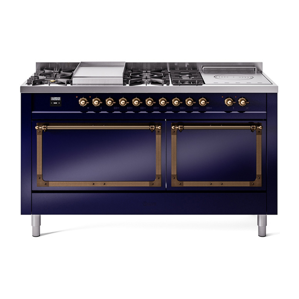 ILVE UN60FSQNMPMBBLP Nostalgie II Noblesse 60" Dual Fuel Range      (7 Sealed Burners + Griddle + French Top, Liquid Propane, Solid Door, Midnight Blue, Bronze)