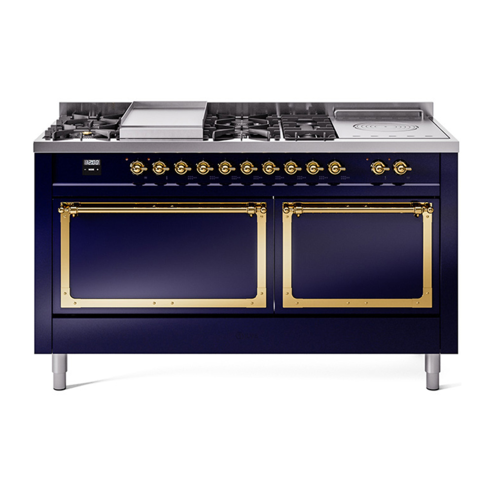 ILVE UN60FSQNMPMBG Nostalgie II Noblesse 60" Dual Fuel Range      (7 Sealed Burners + Griddle + French Top, Natural Gas, Solid Door, Midnight Blue, Brass)