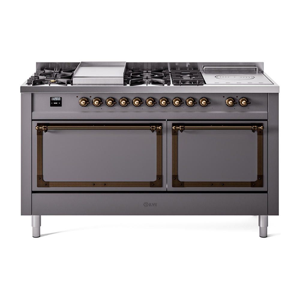 ILVE UN60FSQNMPMGBLP Nostalgie II Noblesse 60" Dual Fuel Range      (7 Sealed Burners + Griddle + French Top, Liquid Propane, Solid Door, Graphite Matte, Bronze)