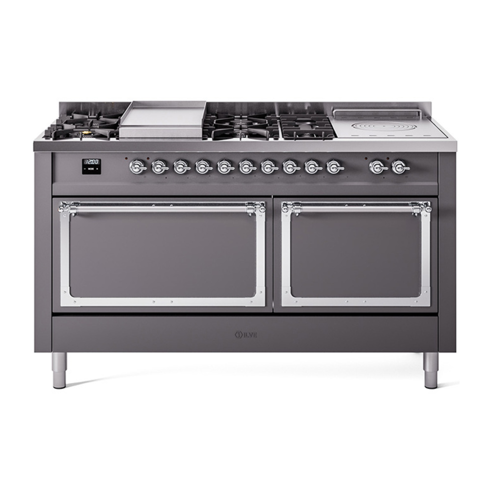 ILVE UN60FSQNMPMGCLP Nostalgie II Noblesse 60" Dual Fuel Range      (7 Sealed Burners + Griddle + French Top, Liquid Propane, Solid Door, Graphite Matte, Chrome)