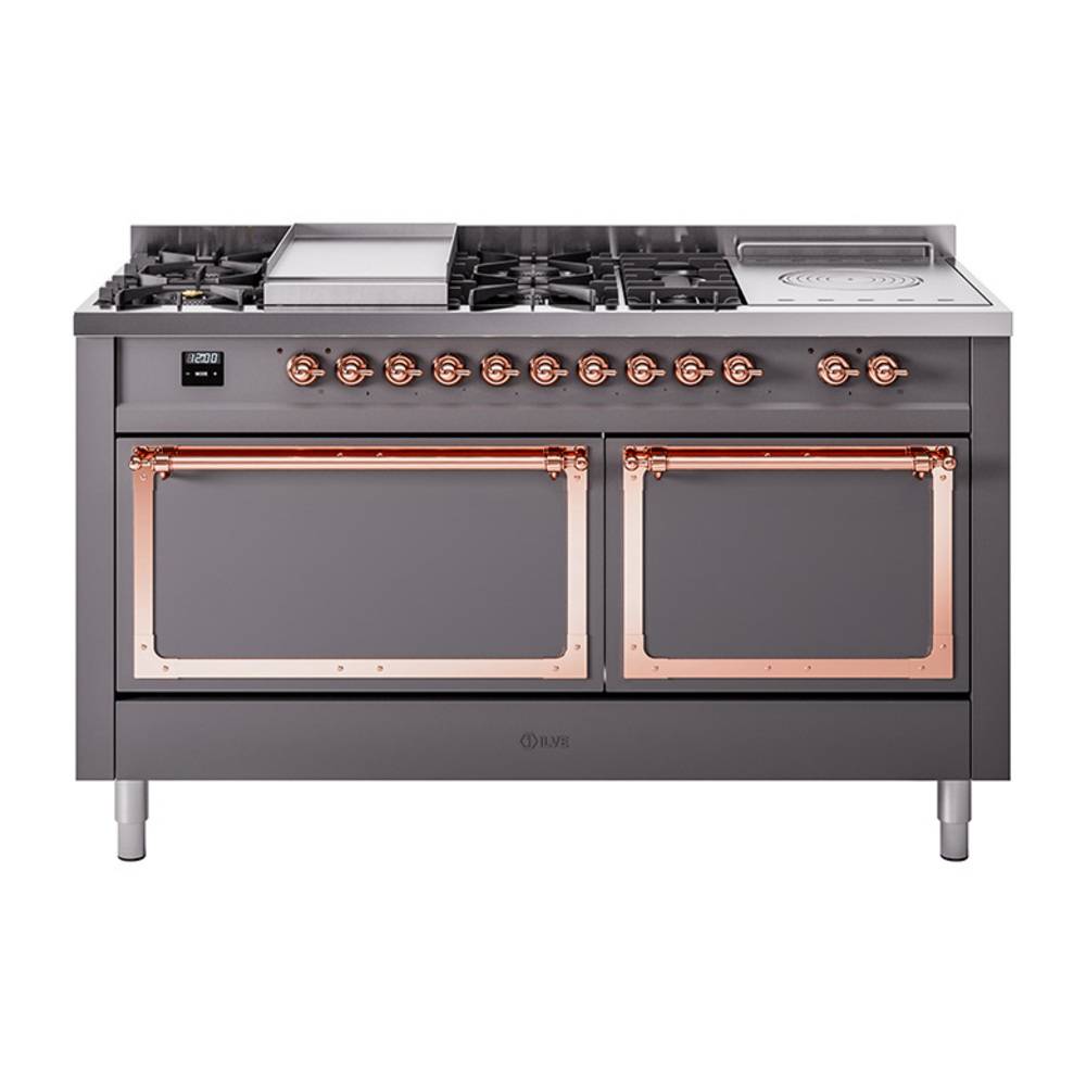 ILVE UN60FSQNMPMGPLP Nostalgie II Noblesse 60" Dual Fuel Range      (7 Sealed Burners + Griddle + French Top, Liquid Propane, Solid Door, Graphite Matte, Copper)