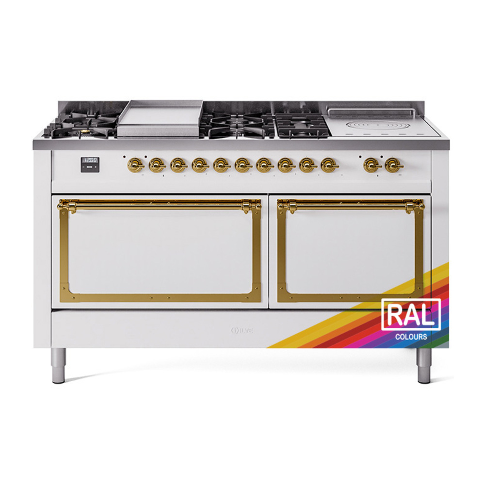 ILVE UN60FSQNMPRAGLP Nostalgie II Noblesse 60" Dual Fuel Range      (7 Sealed Burners + Griddle + French Top, Liquid Propane, Solid Door, RAL, Brass)