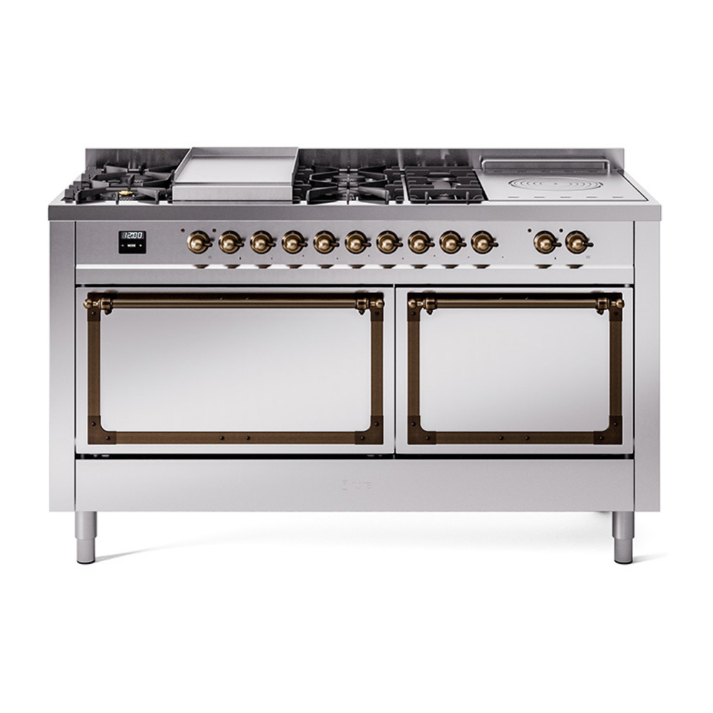 ILVE UN60FSQNMPSSBLP Nostalgie II Noblesse 60" Dual Fuel Range      (7 Sealed Burners + Griddle + French Top, Liquid Propane, Solid Door, Stainless Steel, Bronze)