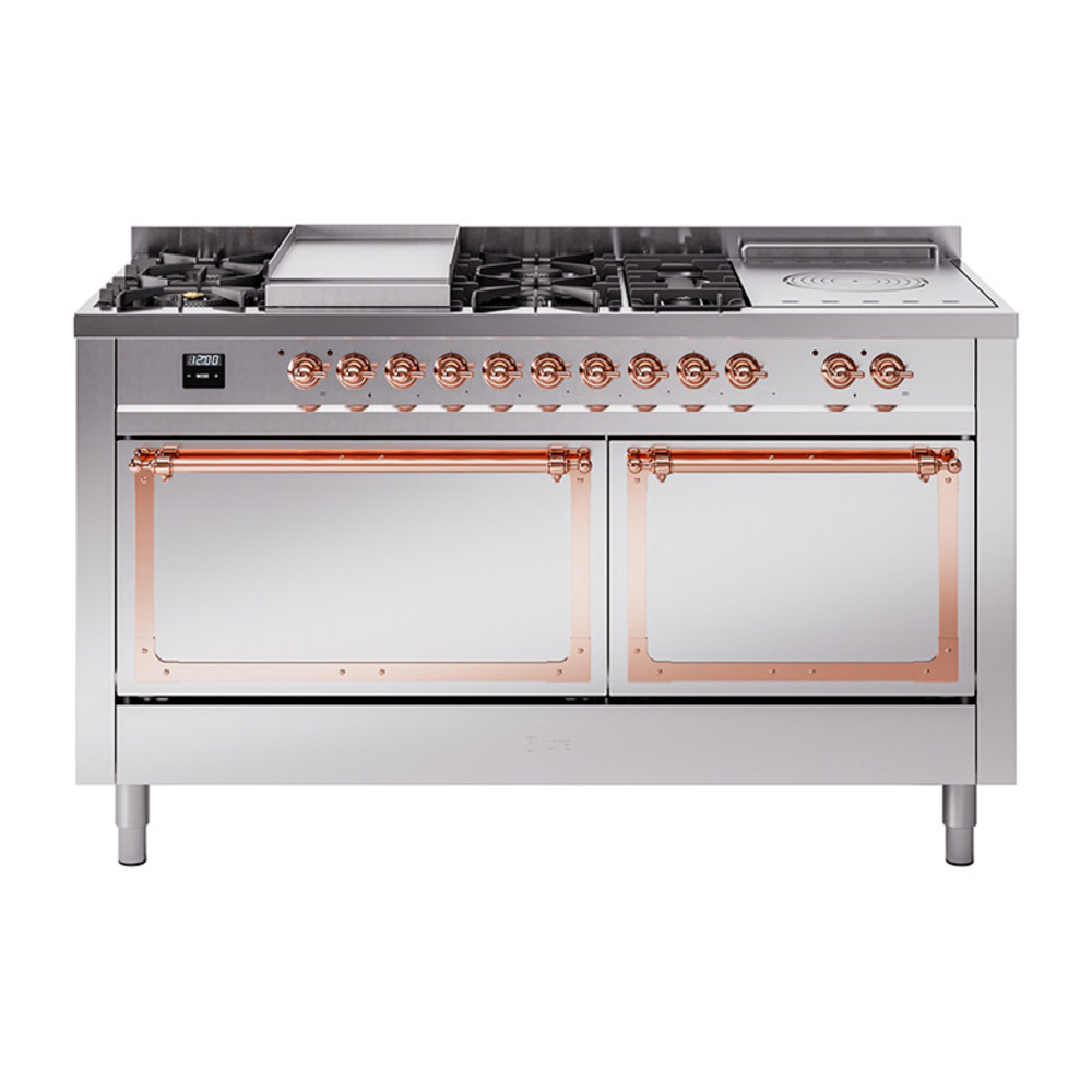 ILVE UN60FSQNMPSSPLP Nostalgie II Noblesse 60" Dual Fuel Range      (7 Sealed Burners + Griddle + French Top, Liquid Propane, Solid Door, Stainless Steel, Copper)