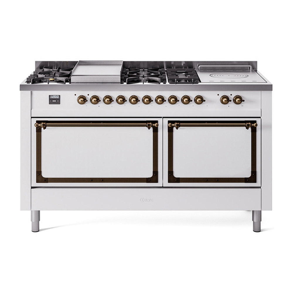 ILVE UN60FSQNMPWHBLP Nostalgie II Noblesse 60" Dual Fuel Range      (7 Sealed Burners + Griddle + French Top, Liquid Propane, Solid Door, White, Bronze)