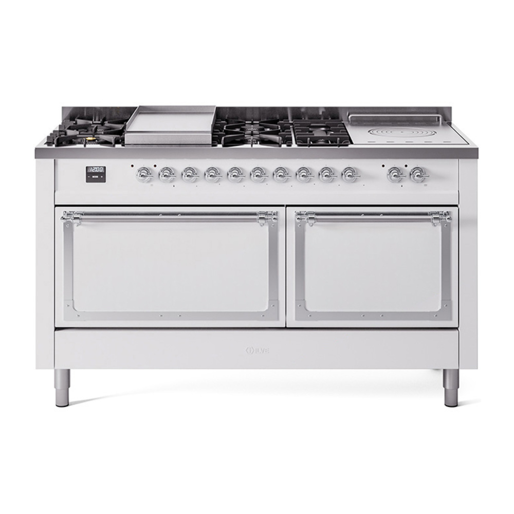 ILVE UN60FSQNMPWHC Nostalgie II Noblesse 60" Dual Fuel Range      (7 Sealed Burners + Griddle + French Top, Natural Gas, Solid Door, White, Chrome)