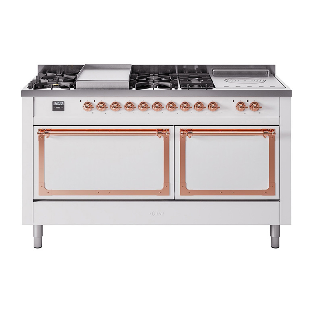 ILVE UN60FSQNMPWHP Nostalgie II Noblesse 60" Dual Fuel Range      (7 Sealed Burners + Griddle + French Top, Natural Gas, Solid Door, White, Copper)