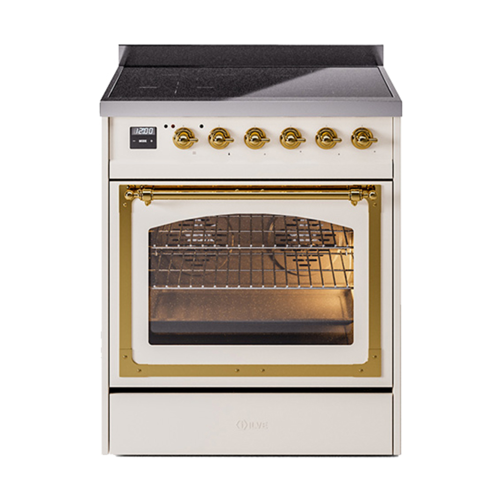 ILVE UNI304NMPAWG Nostalgie II Noblesse 30" Induction Range (Triple Glass Door, Antique White, Brass)