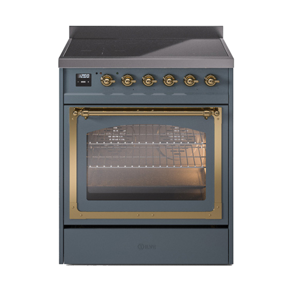 ILVE UNI304NMPBGG Nostalgie II Noblesse 30" Induction Range (Triple Glass Door, Blue Grey, Brass)