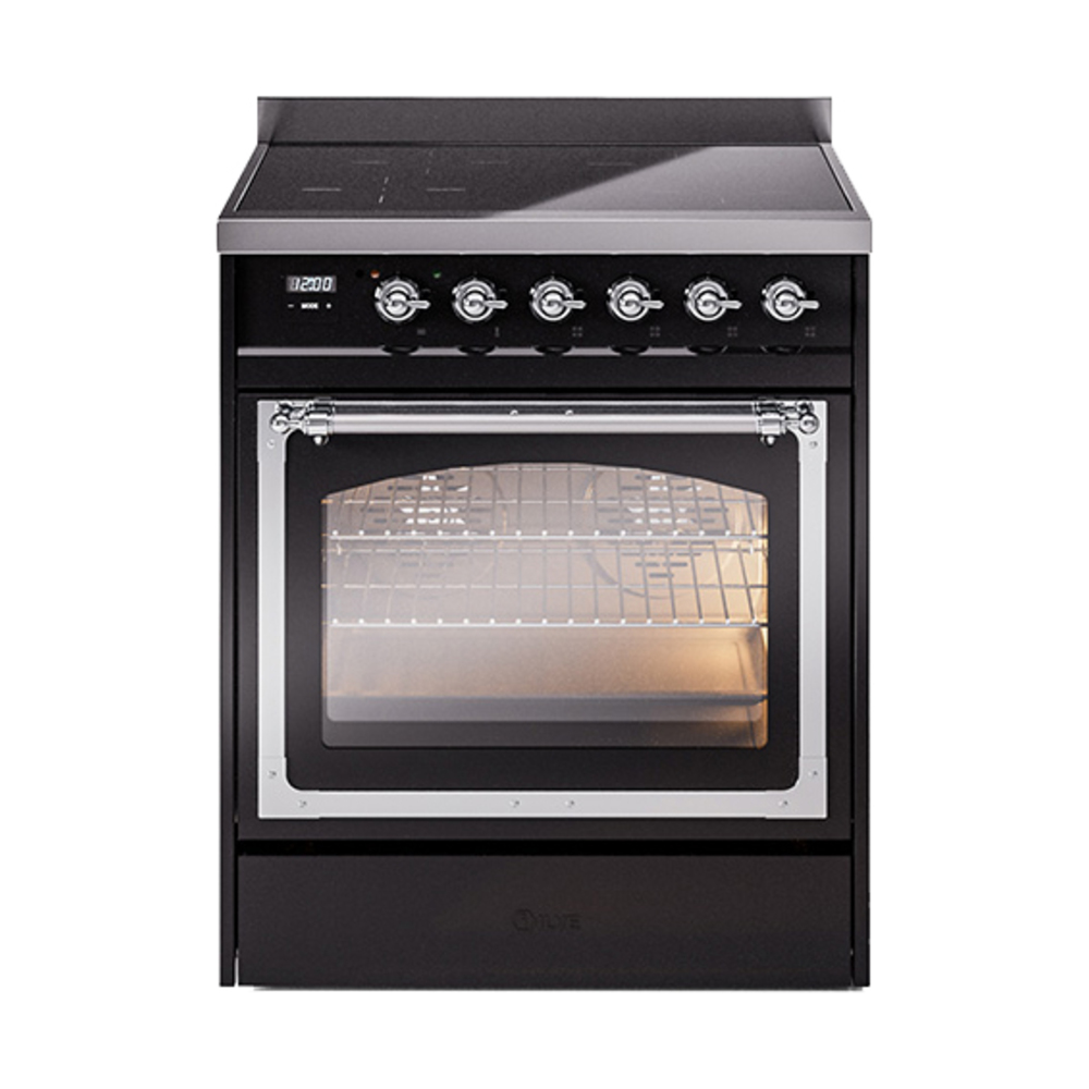 ILVE UNI304NMPBKC Nostalgie II Noblesse 30" Induction Range (Triple Glass Door, Glossy Black, Chrome)