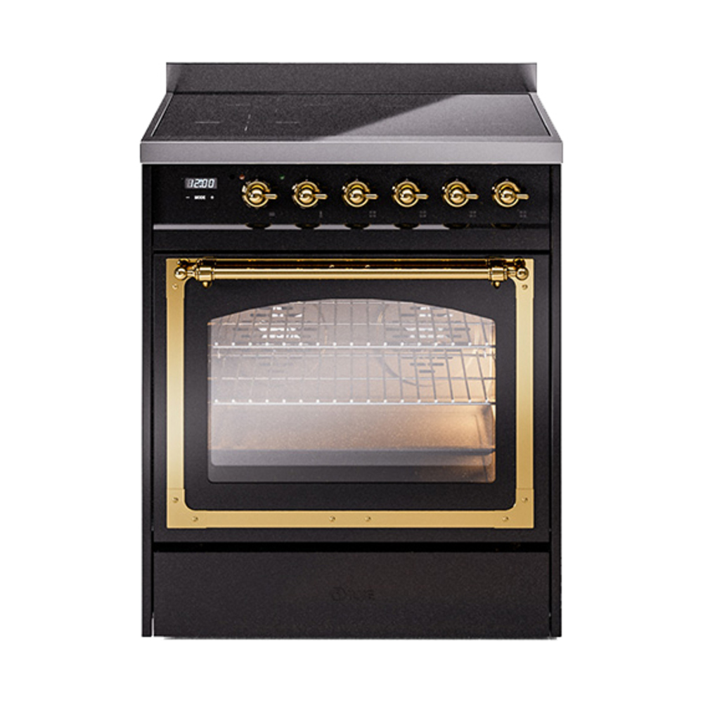 ILVE UNI304NMPBKG Nostalgie II Noblesse 30" Induction Range (Triple Glass Door, Glossy Black, Brass)