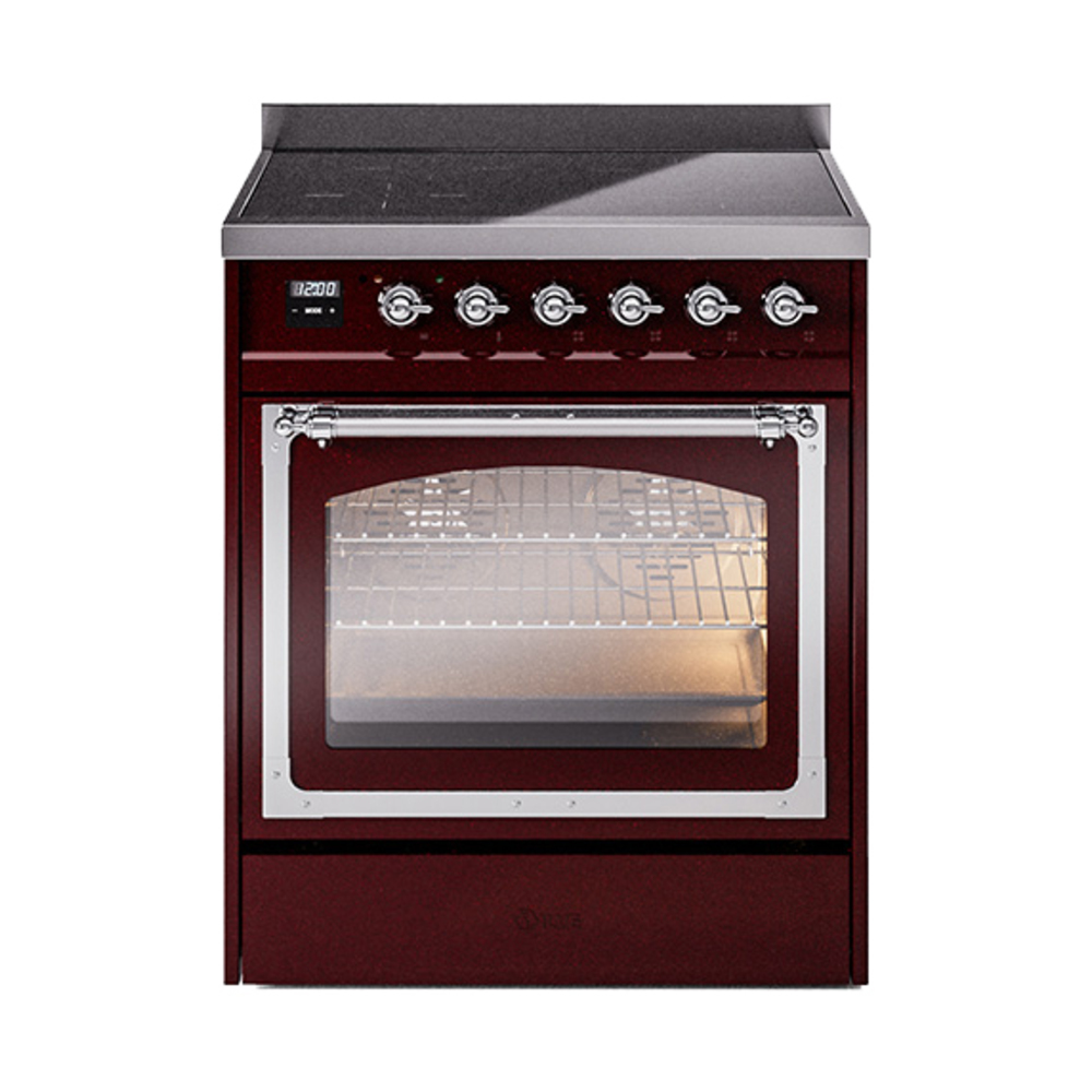 ILVE UNI304NMPBUC Nostalgie II Noblesse 30" Induction Range (Triple Glass Door, Burgundy, Chrome)