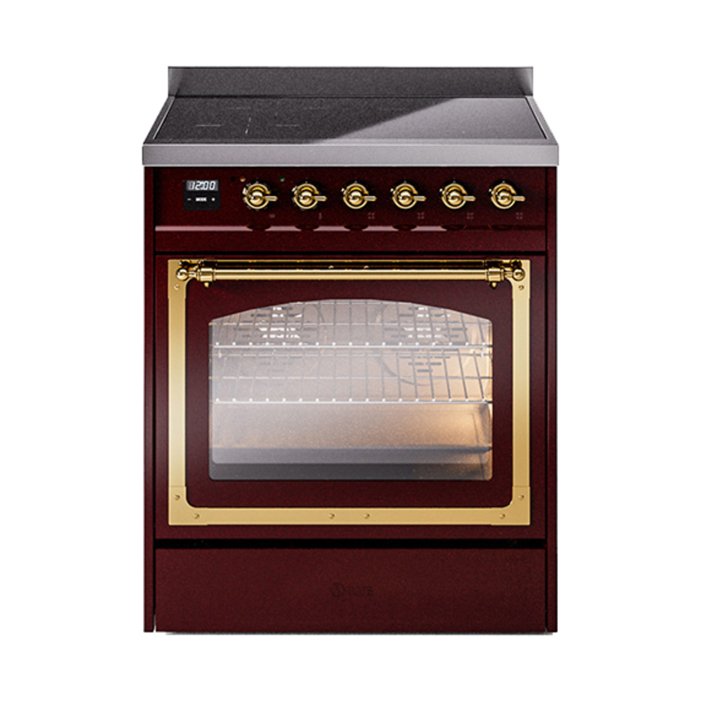 ILVE UNI304NMPBUG Nostalgie II Noblesse 30" Induction Range (Triple Glass Door, Burgundy, Brass)