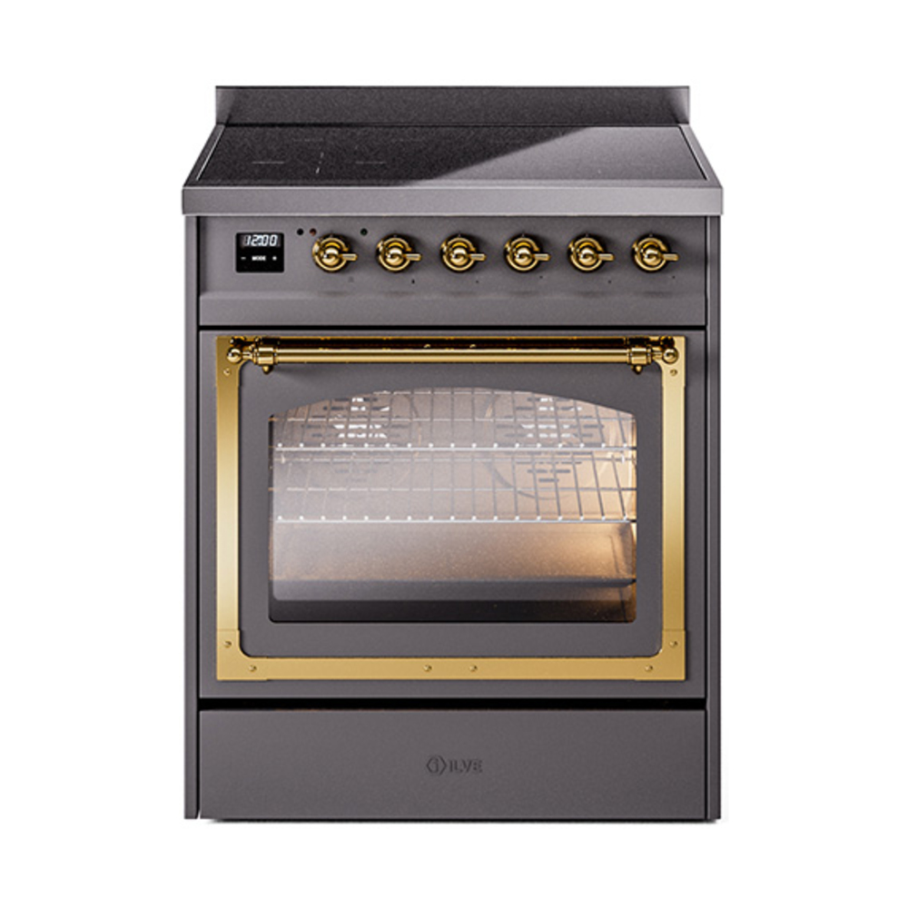 ILVE UNI304NMPMGG Nostalgie II Noblesse 30" Induction Range (Triple Glass Door, Graphite Matte, Brass)