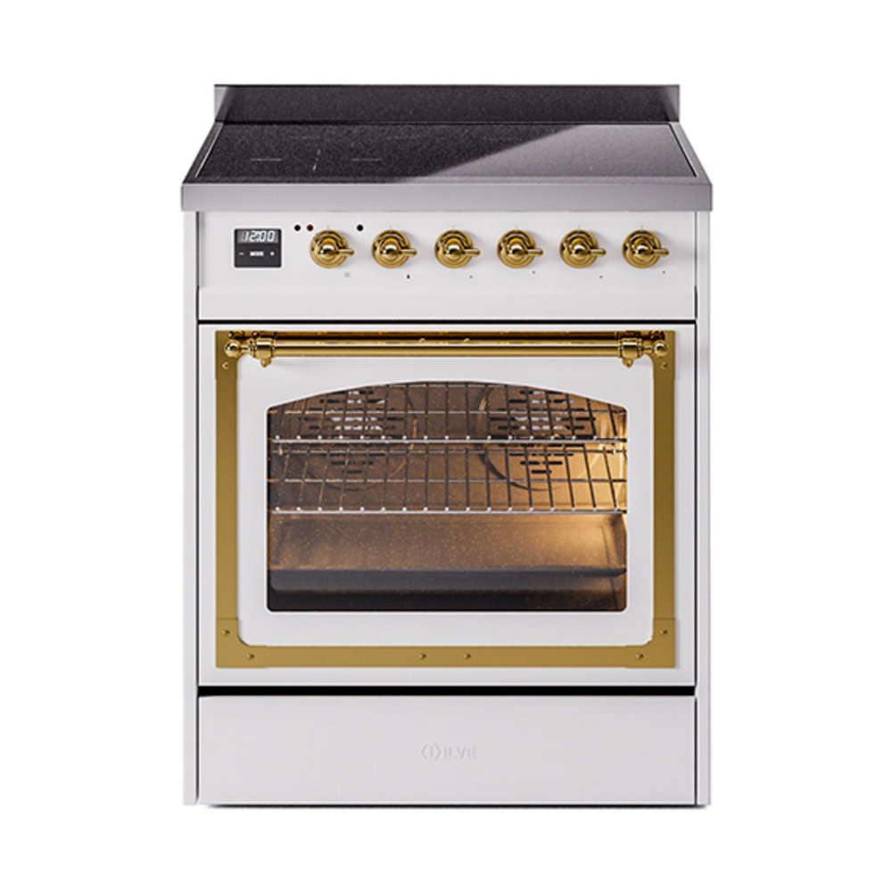 ILVE UNI304NMPWHG Nostalgie II Noblesse 30" Induction Range (Triple Glass Door, White, Brass)