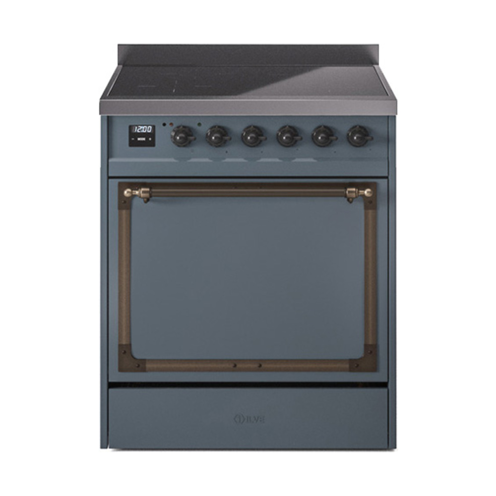 ILVE UNI304QNMPBGB Nostalgie II Noblesse 30" Induction Range (Solid Door, Blue Grey, Burnished)