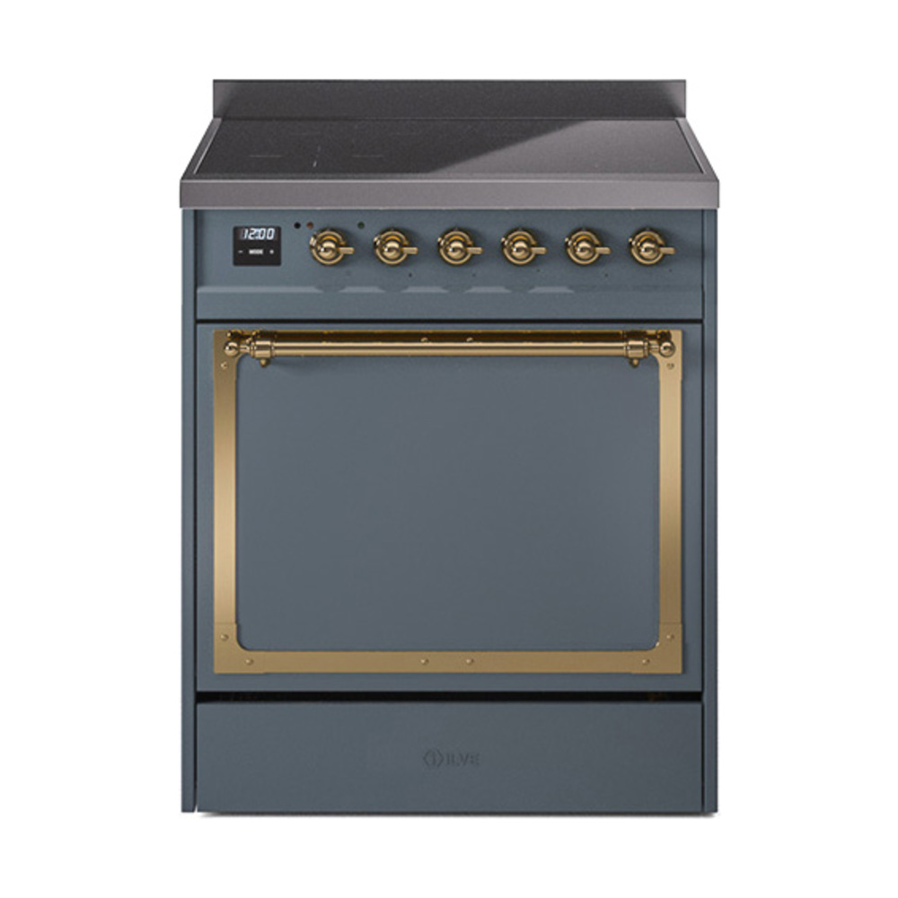 ILVE UNI304QNMPBGG Nostalgie II Noblesse 30" Induction Range (Solid Door, Blue Grey, Brass)