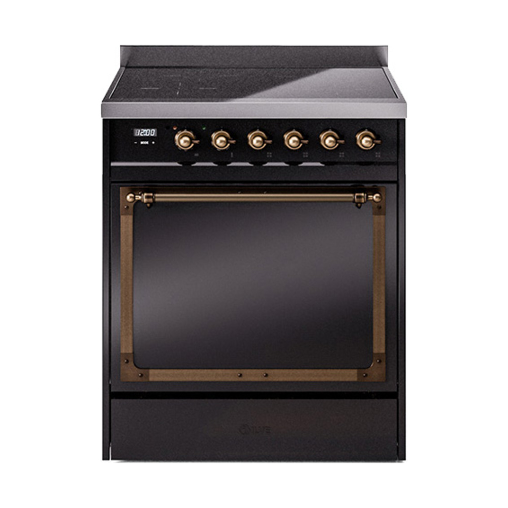 ILVE UNI304QNMPBKB Nostalgie II Noblesse 30" Induction Range (Solid Door, Glossy Black, Bronze)