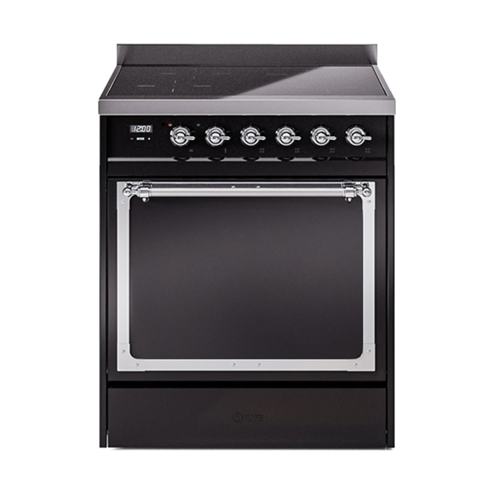 ILVE UNI304QNMPBKC Nostalgie II Noblesse 30" Induction Range (Solid Door, Glossy Black, Chrome)