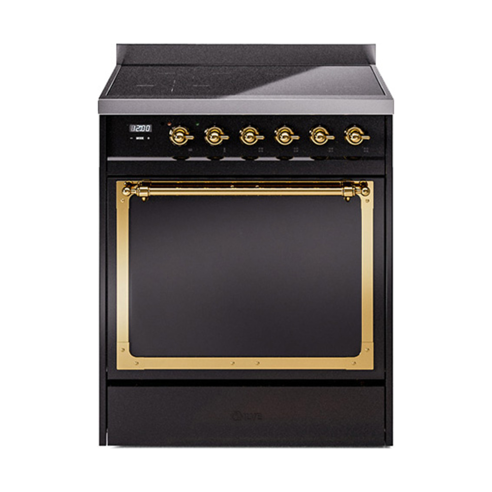 ILVE UNI304QNMPBKG Nostalgie II Noblesse 30" Induction Range (Solid Door, Glossy Black, Brass)