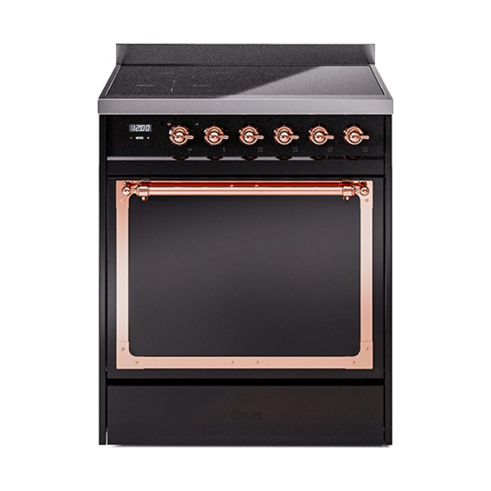 ILVE UNI304QNMPBKP Nostalgie II Noblesse 30" Induction Range (Solid Door, Glossy Black, Copper)