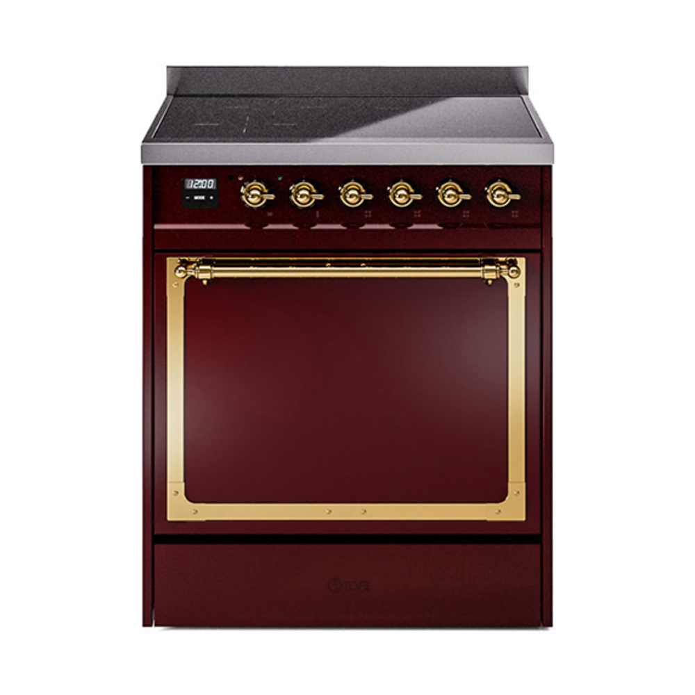 ILVE UNI304QNMPBUG Nostalgie II Noblesse 30" Induction Range (Solid Door, Burgundy, Brass)