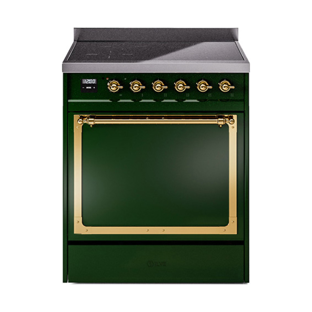 ILVE UNI304QNMPEGG Nostalgie II Noblesse 30" Induction Range (Solid Door, Emerald Green, Brass)