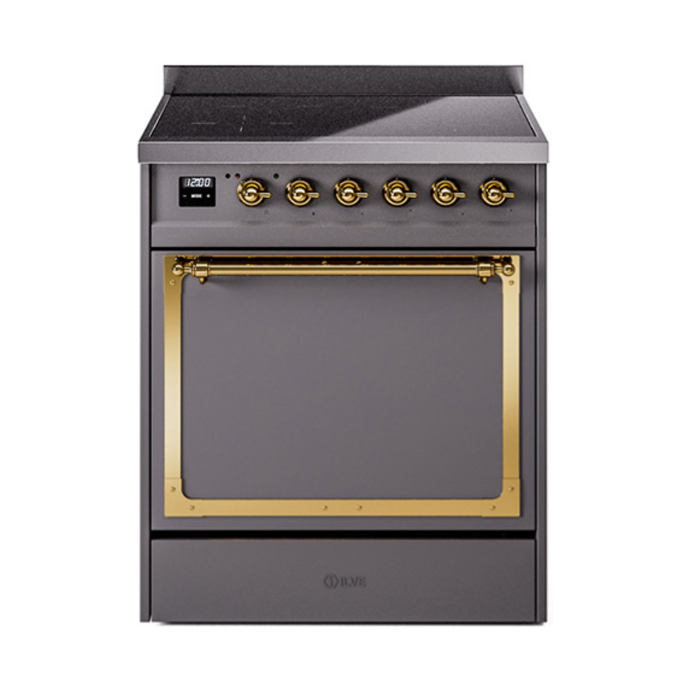 ILVE UNI304QNMPMGG Nostalgie II Noblesse 30" Induction Range (Solid Door, Graphite Matte, Brass)