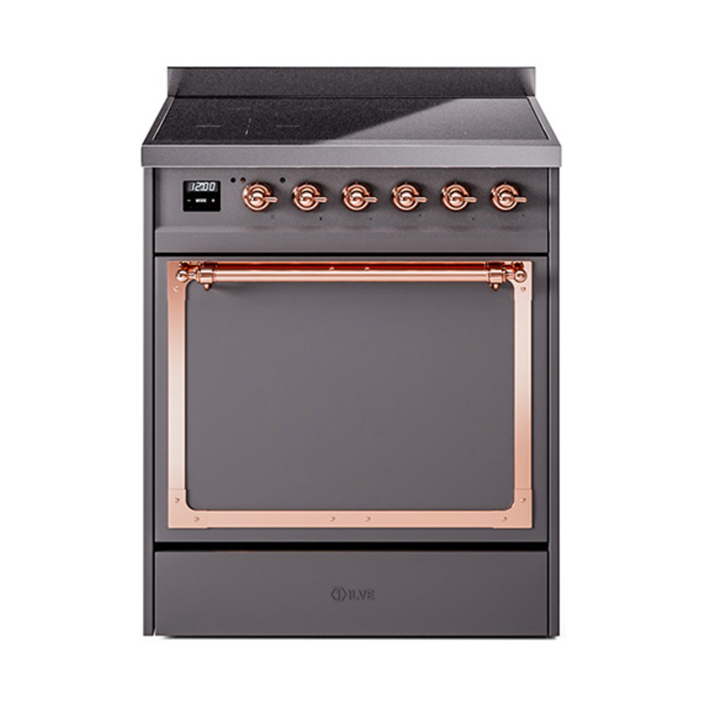 ILVE UNI304QNMPMGP Nostalgie II Noblesse 30" Induction Range (Solid Door, Graphite Matte, Copper)