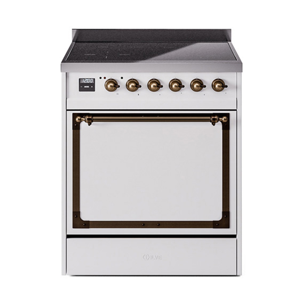 ILVE UNI304QNMPWHB Nostalgie II Noblesse 30" Induction Range (Solid Door, White, Burnished)