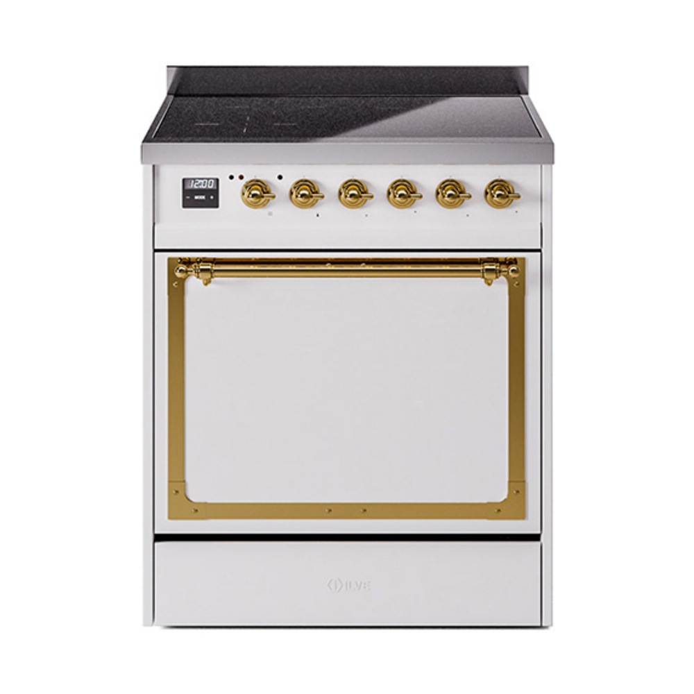 ILVE UNI304QNMPWHG Nostalgie II Noblesse 30" Induction Range (Solid Door, White, Brass)