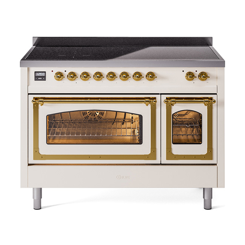 ILVE UNI486NMPAWG Nostalgie II Noblesse 48" Induction Range  (Triple Glass Door, Antique White, Brass)