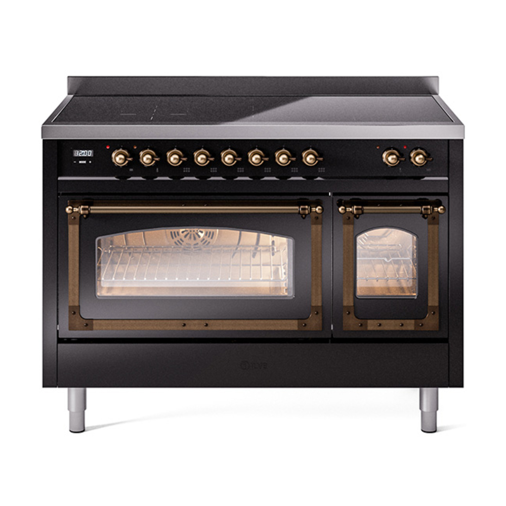 ILVE UNI486NMPBKB Nostalgie II Noblesse 48" Induction Range  (Triple Glass Door, Glossy Black, Burnished)