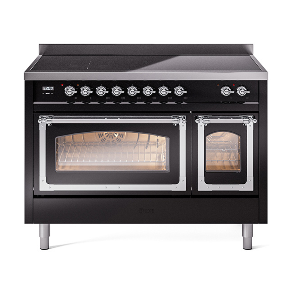 ILVE UNI486NMPBKC Nostalgie II Noblesse 48" Induction Range  (Triple Glass Door, Glossy Black, Chrome)