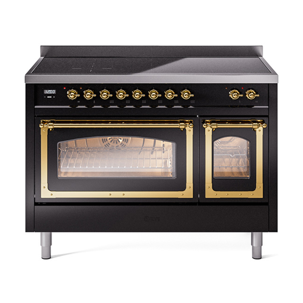 ILVE UNI486NMPBKG Nostalgie II Noblesse 48" Induction Range  (Triple Glass Door, Glossy Black, Brass)