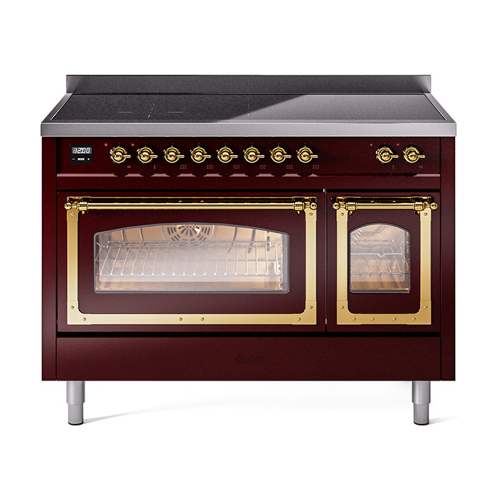 ILVE UNI486NMPBUG Nostalgie II Noblesse 48" Induction Range  (Triple Glass Door, Burgundy, Brass)