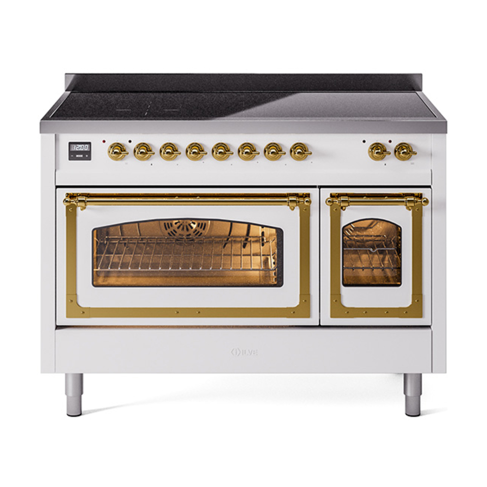 ILVE UNI486NMPWHG Nostalgie II Noblesse 48" Induction Range  (Triple Glass Door, White, Brass)