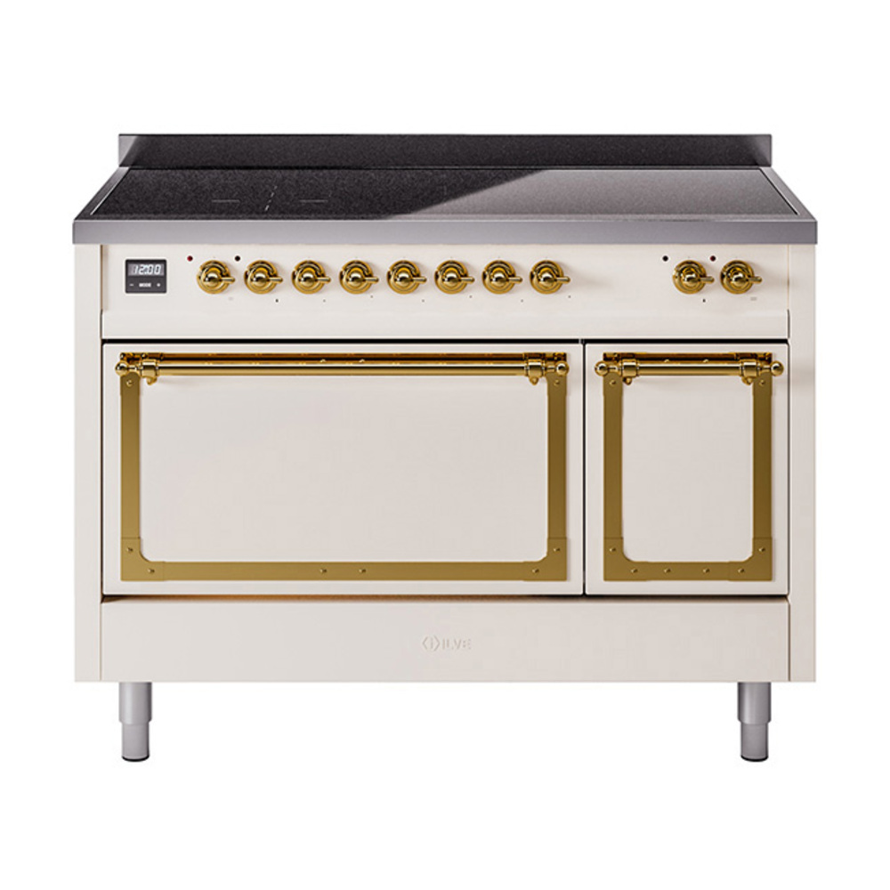 ILVE UNI486QNMPAWG Nostalgie II Noblesse 48" Induction Range  (Solid Door, Antique White, Brass)