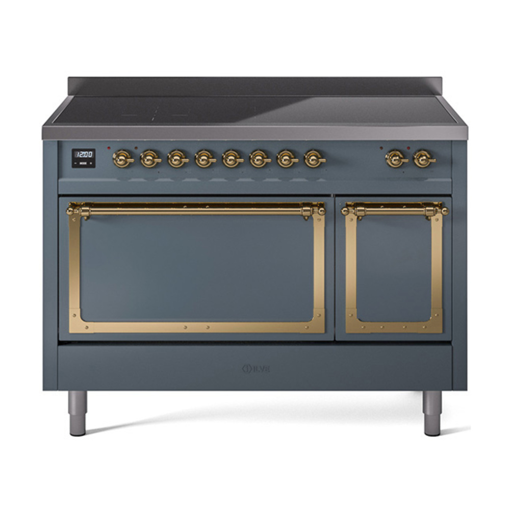 ILVE UNI486QNMPBGG Nostalgie II Noblesse 48" Induction Range  (Solid Door, Blue Grey, Brass)