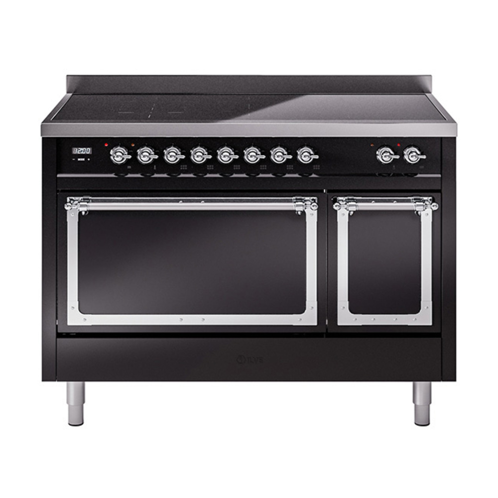 ILVE UNI486QNMPBKC Nostalgie II Noblesse 48" Induction Range  (Solid Door, Glossy Black, Chrome)