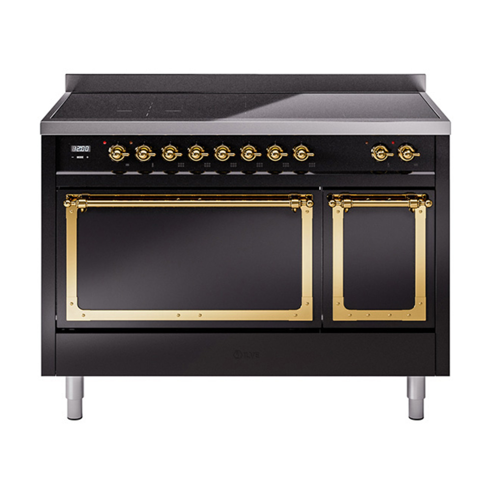 ILVE UNI486QNMPBKG Nostalgie II Noblesse 48" Induction Range  (Solid Door, Glossy Black, Brass)