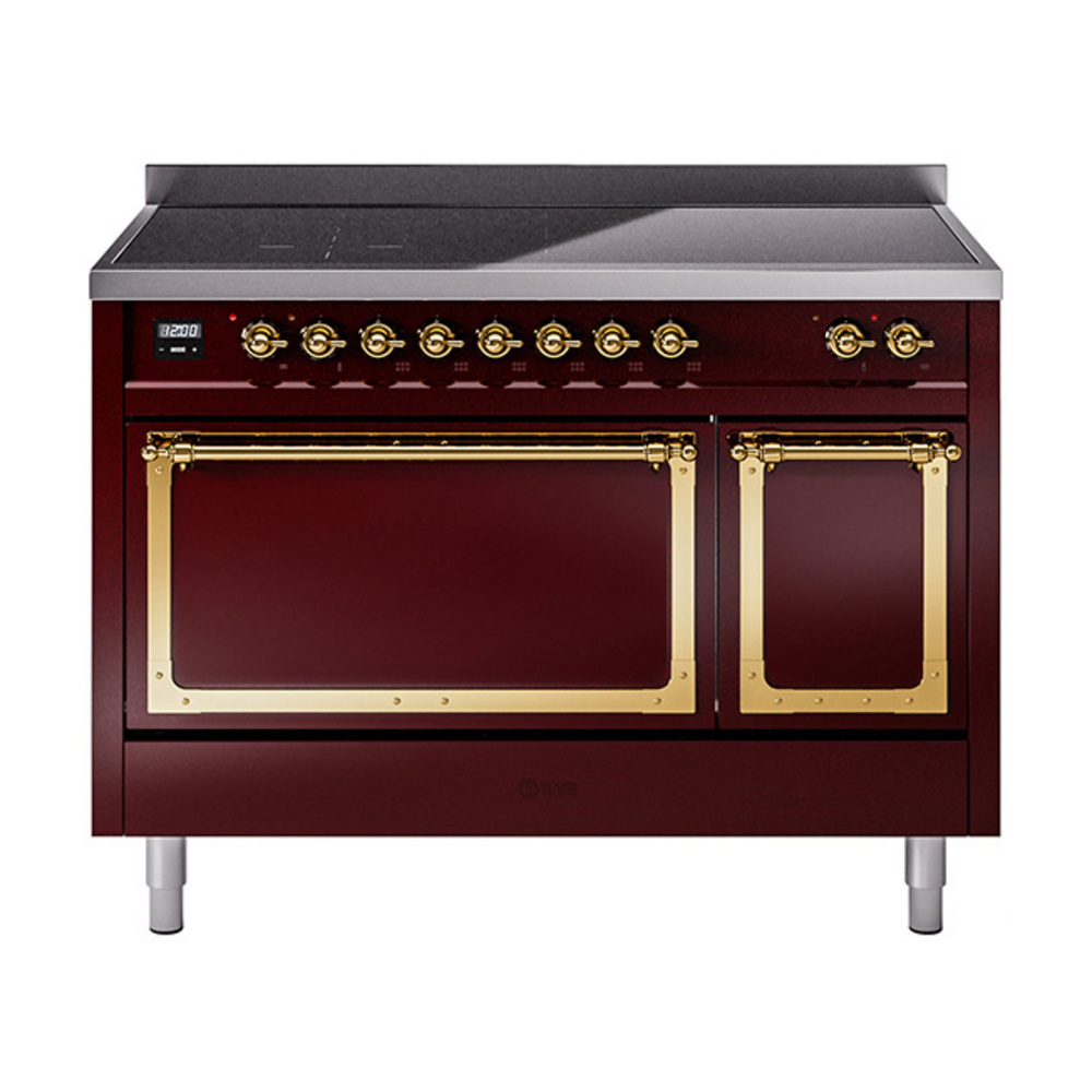 ILVE UNI486QNMPBUG Nostalgie II Noblesse 48" Induction Range  (Solid Door, Burgundy, Brass)