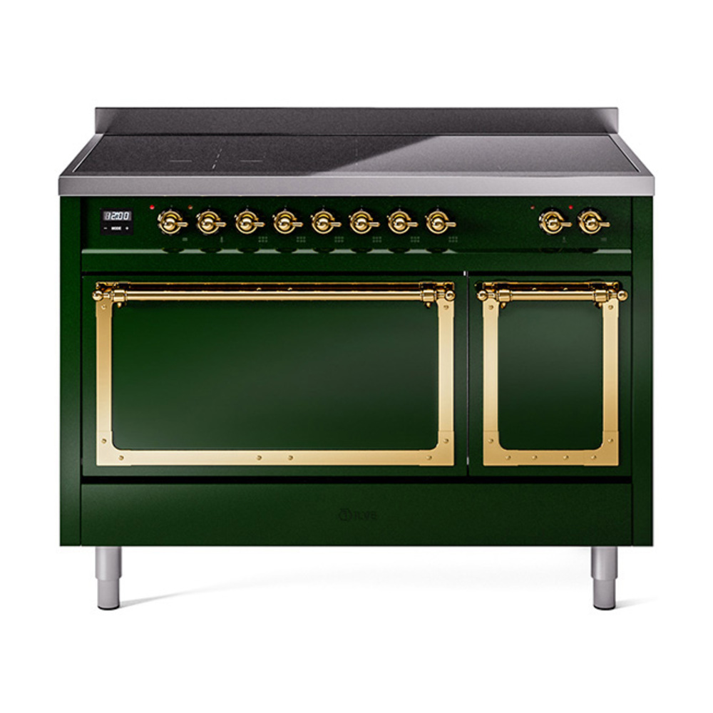 ILVE UNI486QNMPEGG Nostalgie II Noblesse 48" Induction Range  (Solid Door, Emerald Green, Brass)