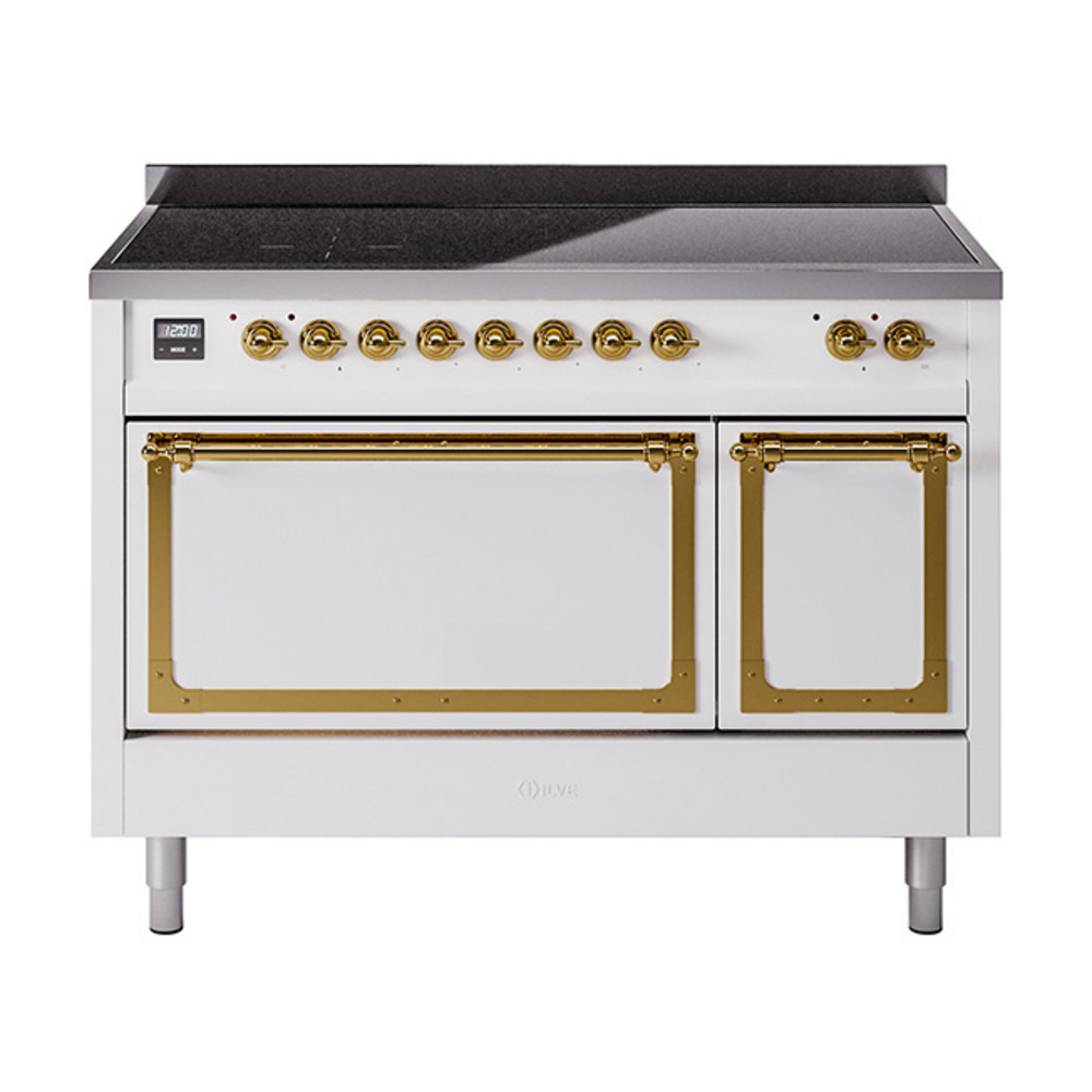 ILVE UNI486QNMPWHG Nostalgie II Noblesse 48" Induction Range  (Solid Door, White, Brass)