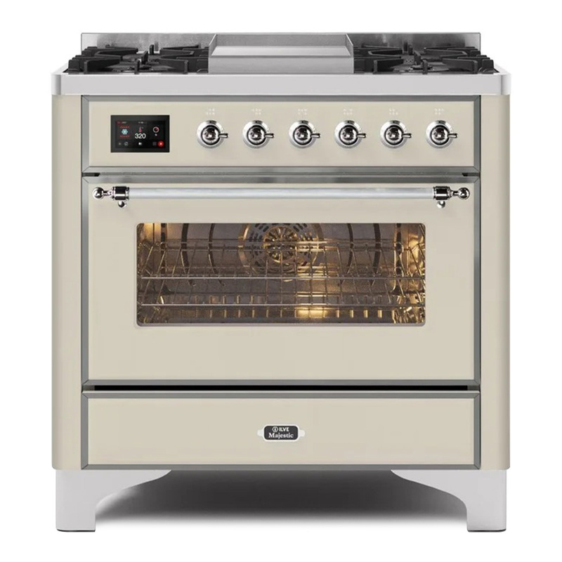 ILVE UM09FDNS3AWCLP Majestic II 36" Dual Fuel Range  (Antique White, Chrome, Liquid Propane, Triple Glass Door)