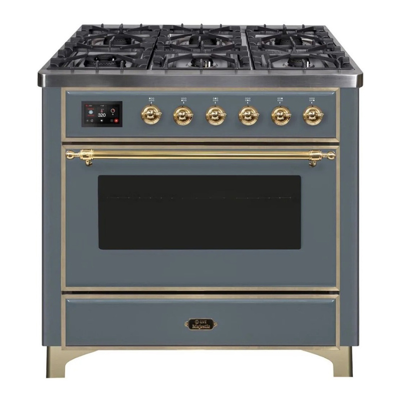 ILVE UM09FDNS3BGGLP Majestic II 36" Dual Fuel Range  (Blue Grey, Brass, Liquid Propane, Triple Glass Door)