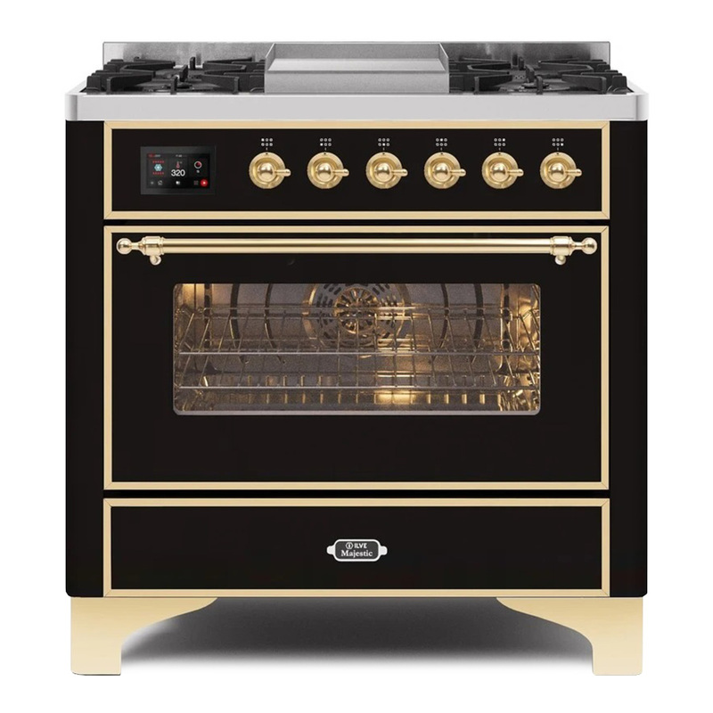 ILVE UM09FDNS3BKGLP Majestic II 36" Dual Fuel Range  (Glossy Black, Brass, Liquid Propane, Triple Glass Door)