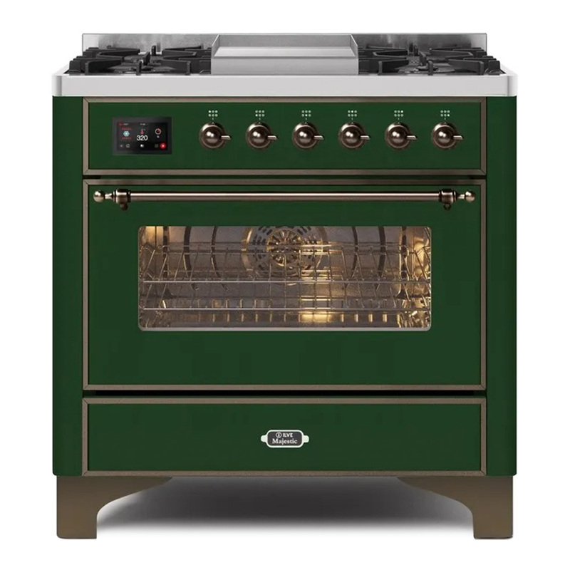 ILVE UM09FDNS3EGBLP Majestic II 36" Dual Fuel Range  (Emerald Green, Burnished, Liquid Propane, Triple Glass Door)