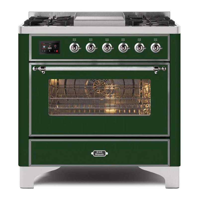 ILVE UM09FDNS3EGCLP Majestic II 36" Dual Fuel Range  (Emerald Green, Chrome, Liquid Propane, Triple Glass Door)